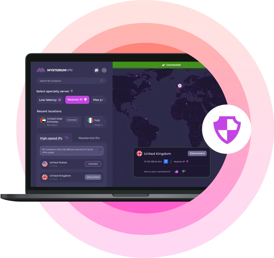 Laptop screen displaying the Mysterium VPN app interface with connection details for the United Kingdom, a world map view, and server selection options, overlaid on a pink background with a purple security shield icon.